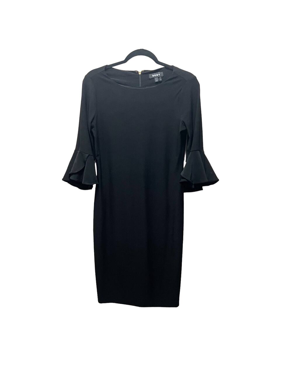 DKNY Sheath Dress Black Bell Sleeve Boat Neck Stretch Back Zip Sz 4